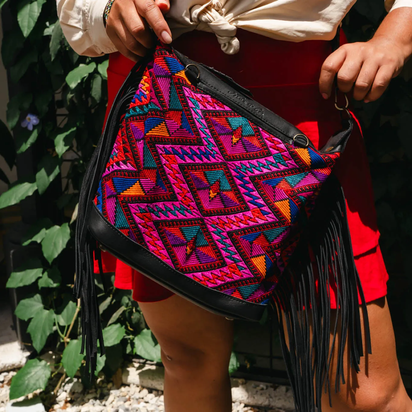 BEATRIZ MINI CDB WITH FRINGE - OOAK HUIPIL - BLACK - NO. 15894