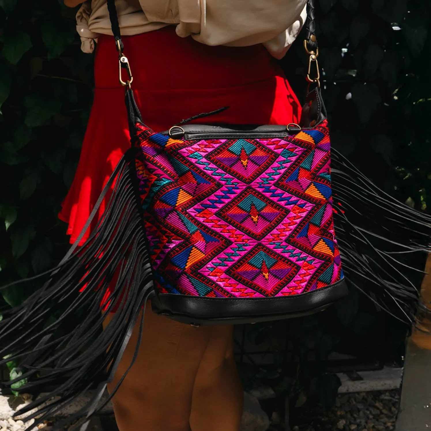 BEATRIZ MINI CDB WITH FRINGE - OOAK HUIPIL - BLACK - NO. 15894
