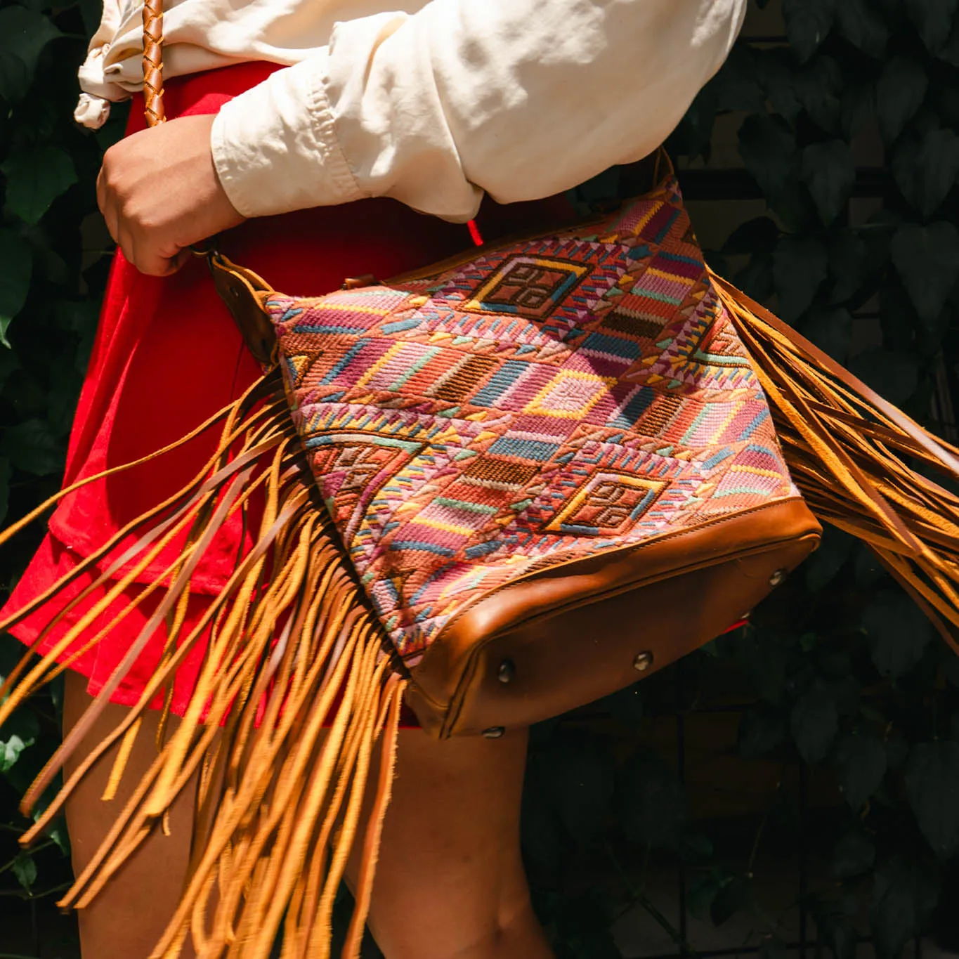 BEATRIZ MINI CDB WITH FRINGE - OOAK HUIPIL - CAFE - NO. 15886