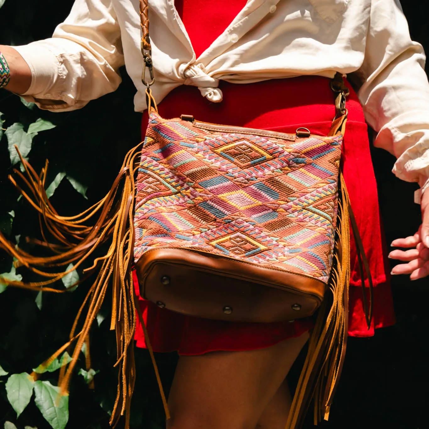 BEATRIZ MINI CDB WITH FRINGE - OOAK HUIPIL - CAFE - NO. 15886