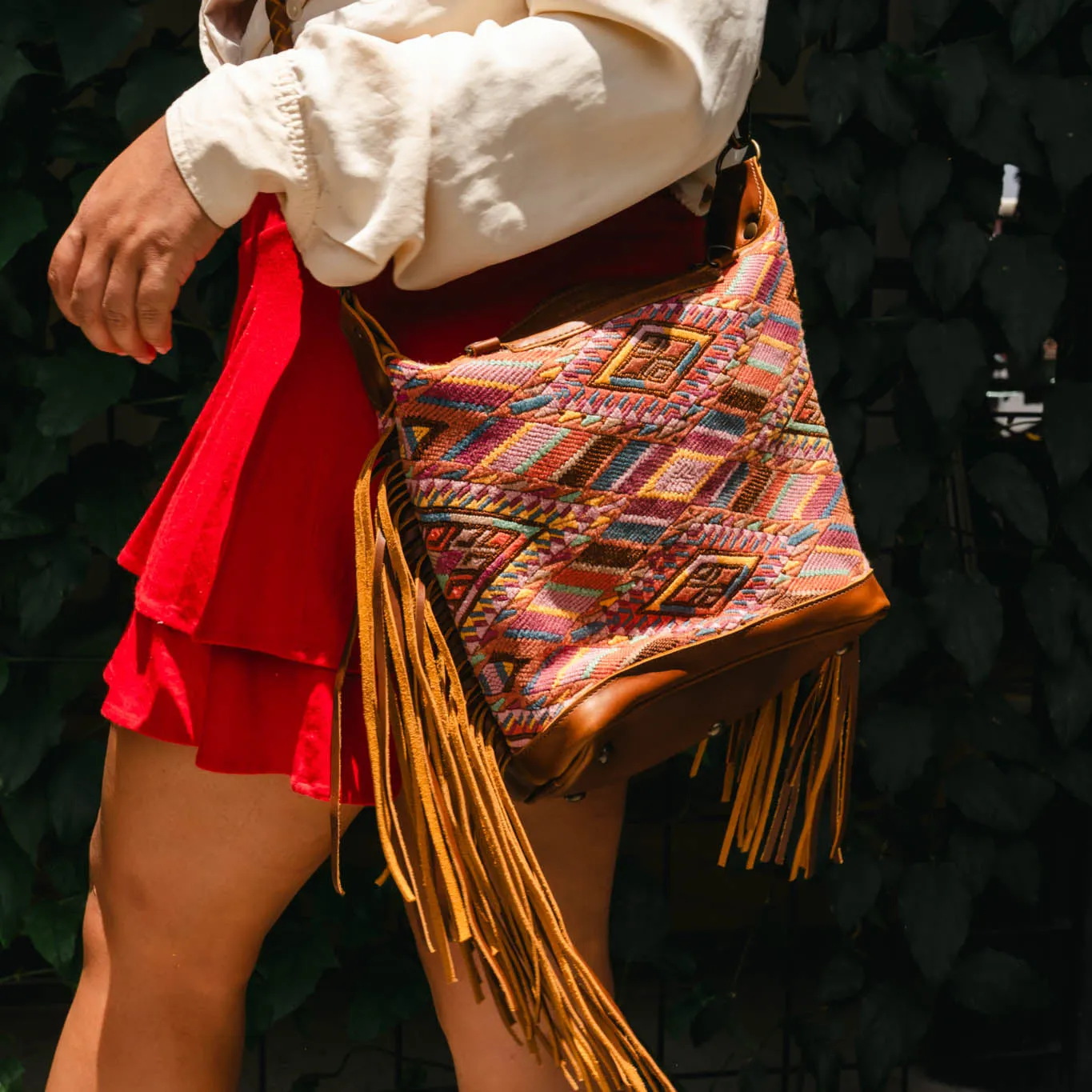 BEATRIZ MINI CDB WITH FRINGE - OOAK HUIPIL - CAFE - NO. 15886