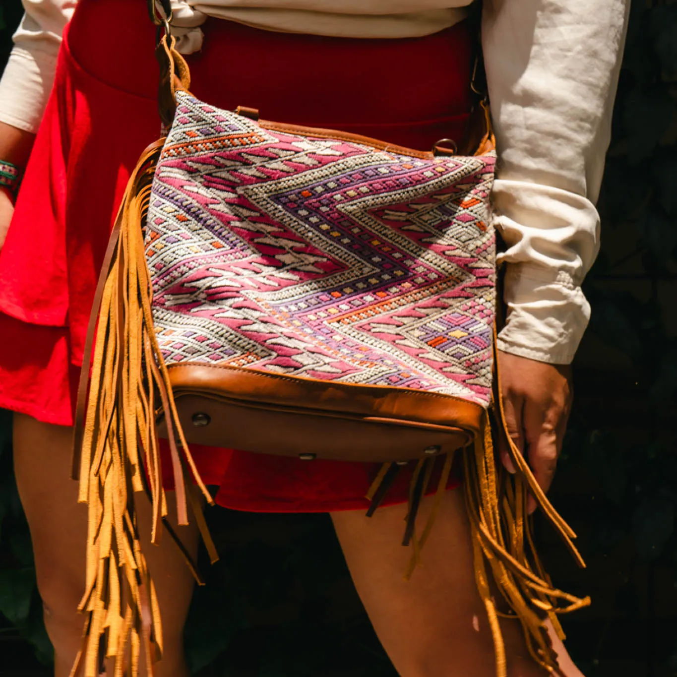 BEATRIZ MINI CDB WITH FRINGE - OOAK HUIPIL - CAFE - NO. 15889