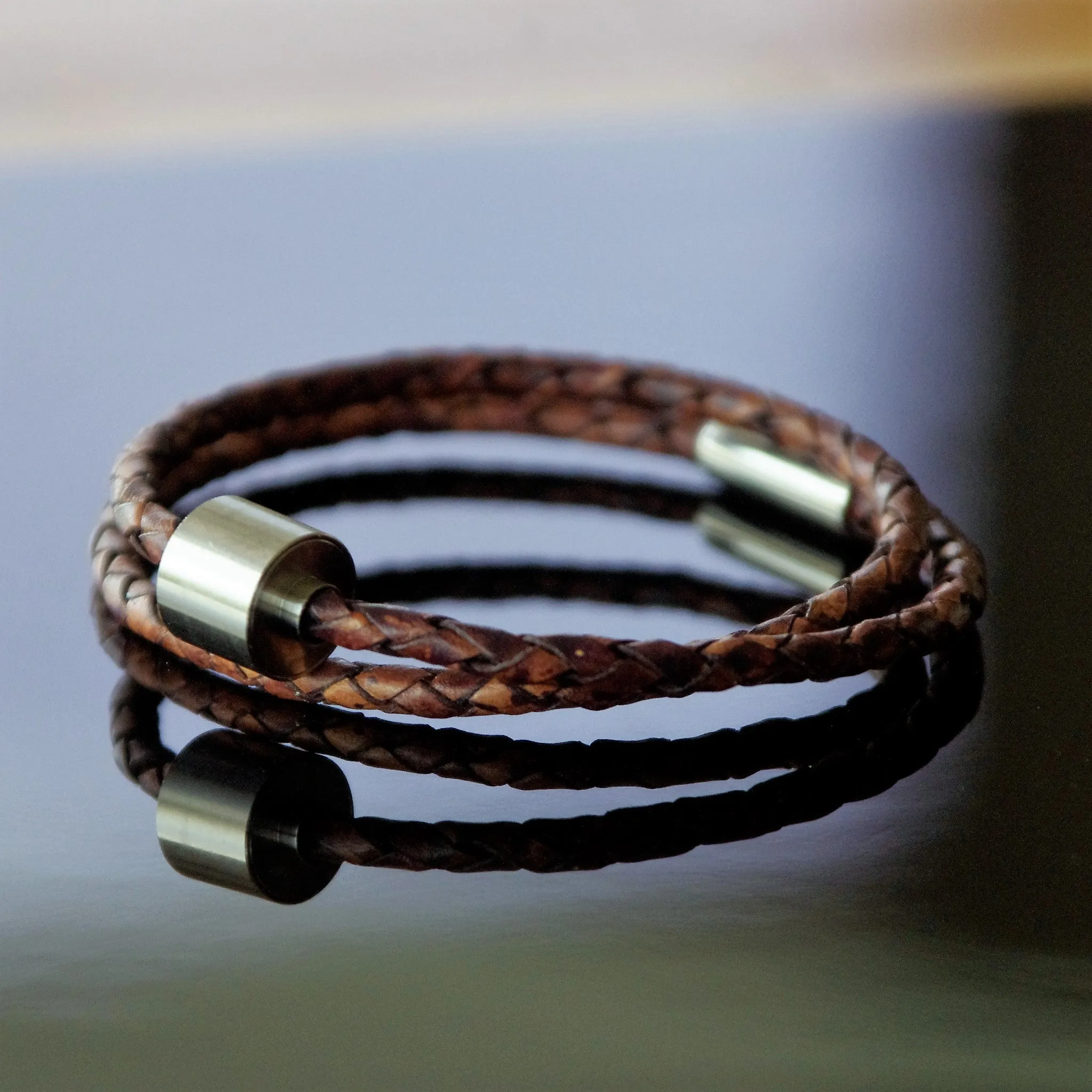 Brown & Silver - TadBlu Braided Leather Men’s Cremation Bead Bracelet