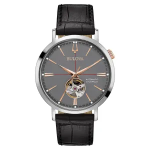 Bulova 98A187 Men's Classic Automatic Grey Semi-Skeleton Dial Black Leather Strap Watch