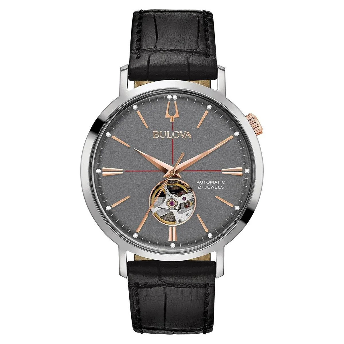 Bulova 98A187 Men's Classic Automatic Grey Semi-Skeleton Dial Black Leather Strap Watch