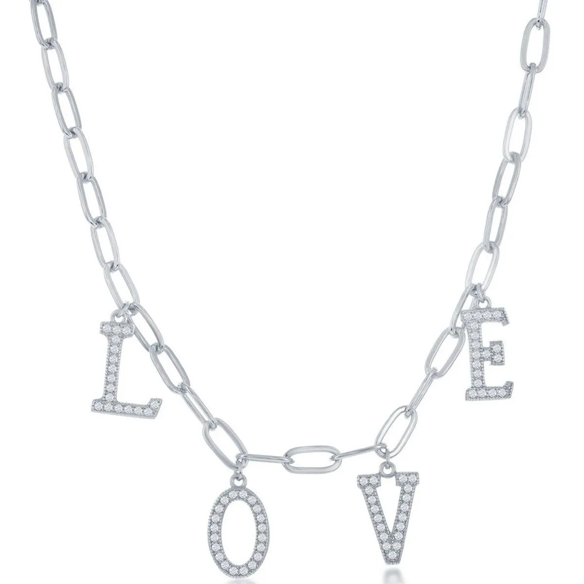 Classic Women's Necklace - Sterling Silver CZ LOVE with Paperclip Chain | M-6726