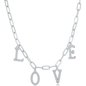 Classic Women's Necklace - Sterling Silver CZ LOVE with Paperclip Chain | M-6726