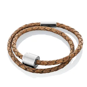 Cognac & Silver - TadBlu Braided Leather Men’s Cremation Bead Bracelet