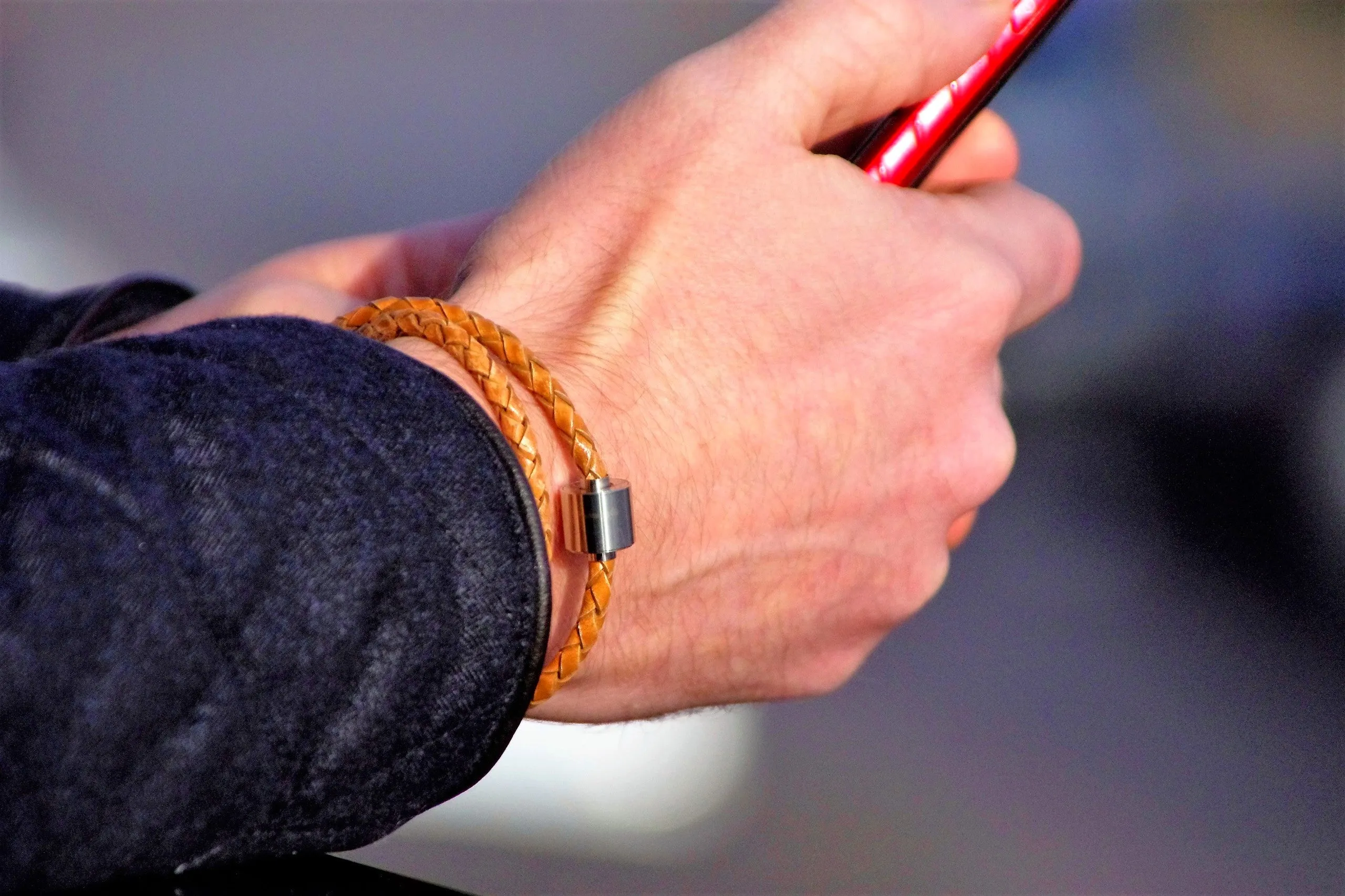 Cognac & Silver - TadBlu Braided Leather Men’s Cremation Bead Bracelet