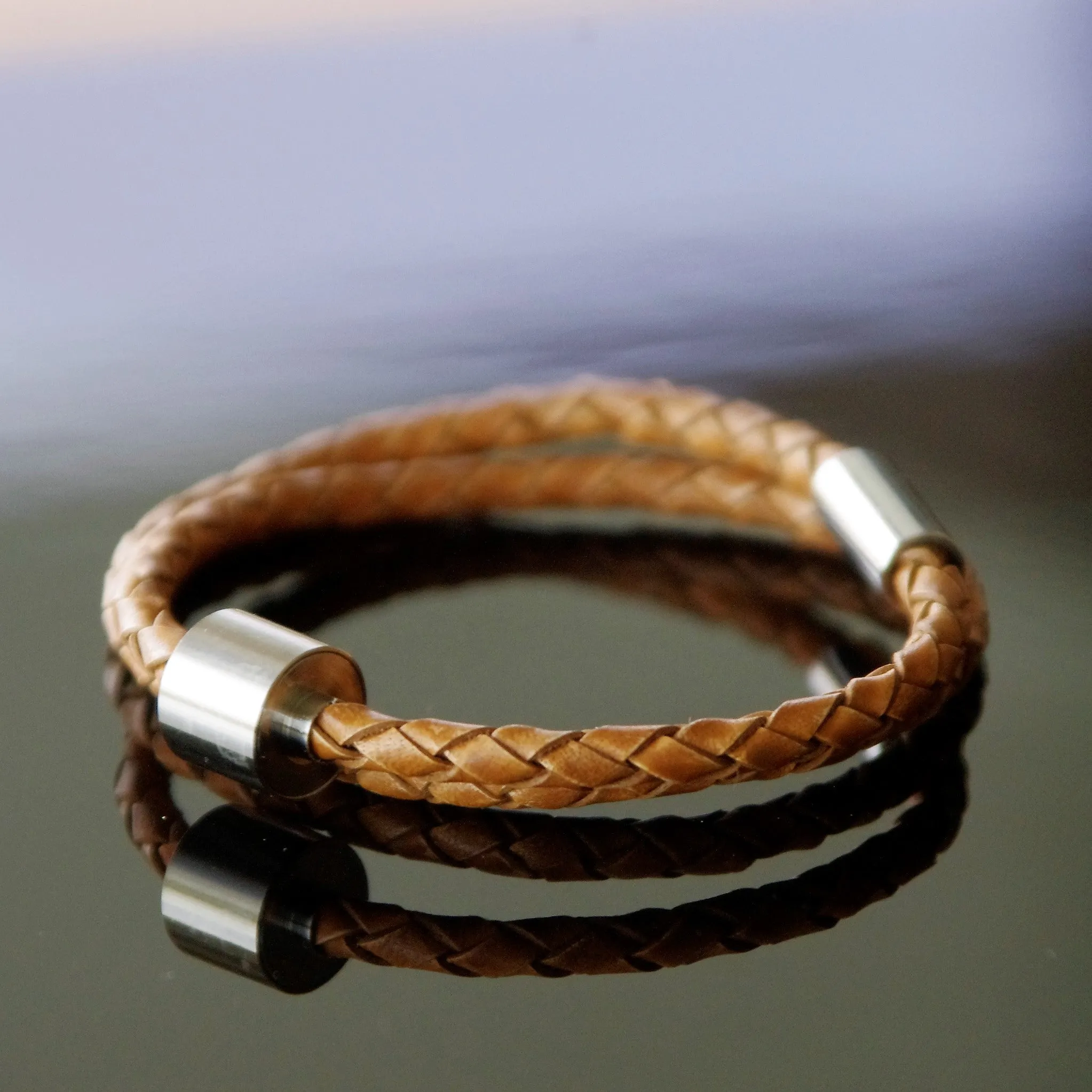 Cognac & Silver - TadBlu Braided Leather Men’s Cremation Bead Bracelet