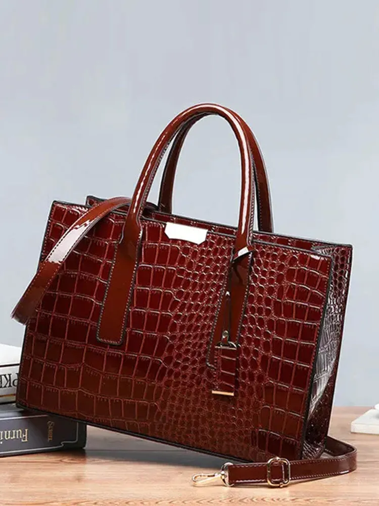 Crocodile Pattern Tote Handbag Large Capacity Solid Crossbody Bag