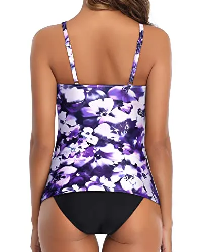 Elegant High Neck Ruched Tankini Swimsuit For Women-Blue Floral
