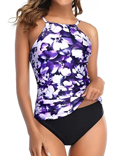 Elegant High Neck Ruched Tankini Swimsuit For Women-Blue Floral