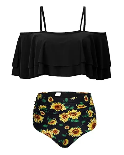 Elegant Off Shoulder Bikini Set For Women Tummy Control Bottoms-Black Sunflower