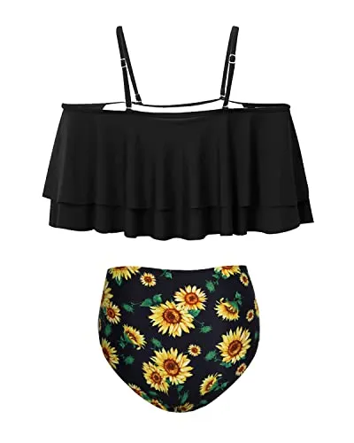 Elegant Off Shoulder Bikini Set For Women Tummy Control Bottoms-Black Sunflower