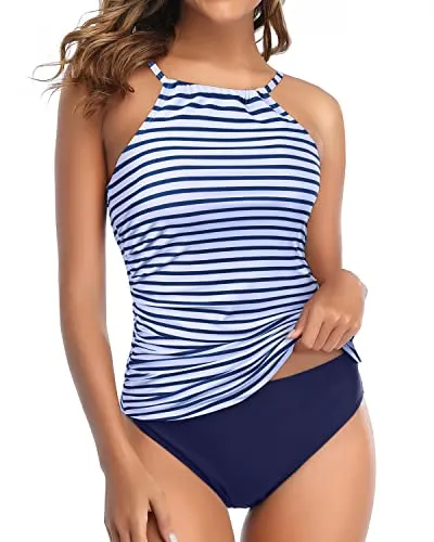 Elegant Ruched Tummy Control 2 Piece Tankini Swimsuits For Women-Blue White Stripe