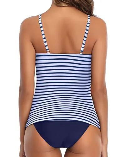 Elegant Ruched Tummy Control 2 Piece Tankini Swimsuits For Women-Blue White Stripe