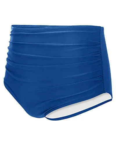 Elegant Women High Waisted Bikini Bottom Retro Ruched Swim Short-Blue