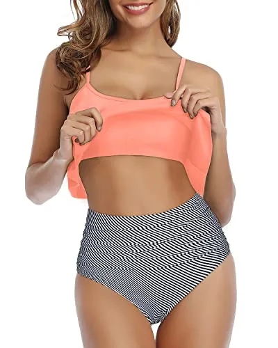 Flattering Ruched Bikini Double Ruffle Top And High Waist Bottom-Coral Pink Stripe