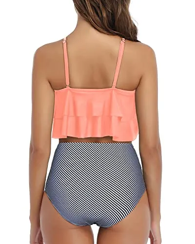 Flattering Ruched Bikini Double Ruffle Top And High Waist Bottom-Coral Pink Stripe