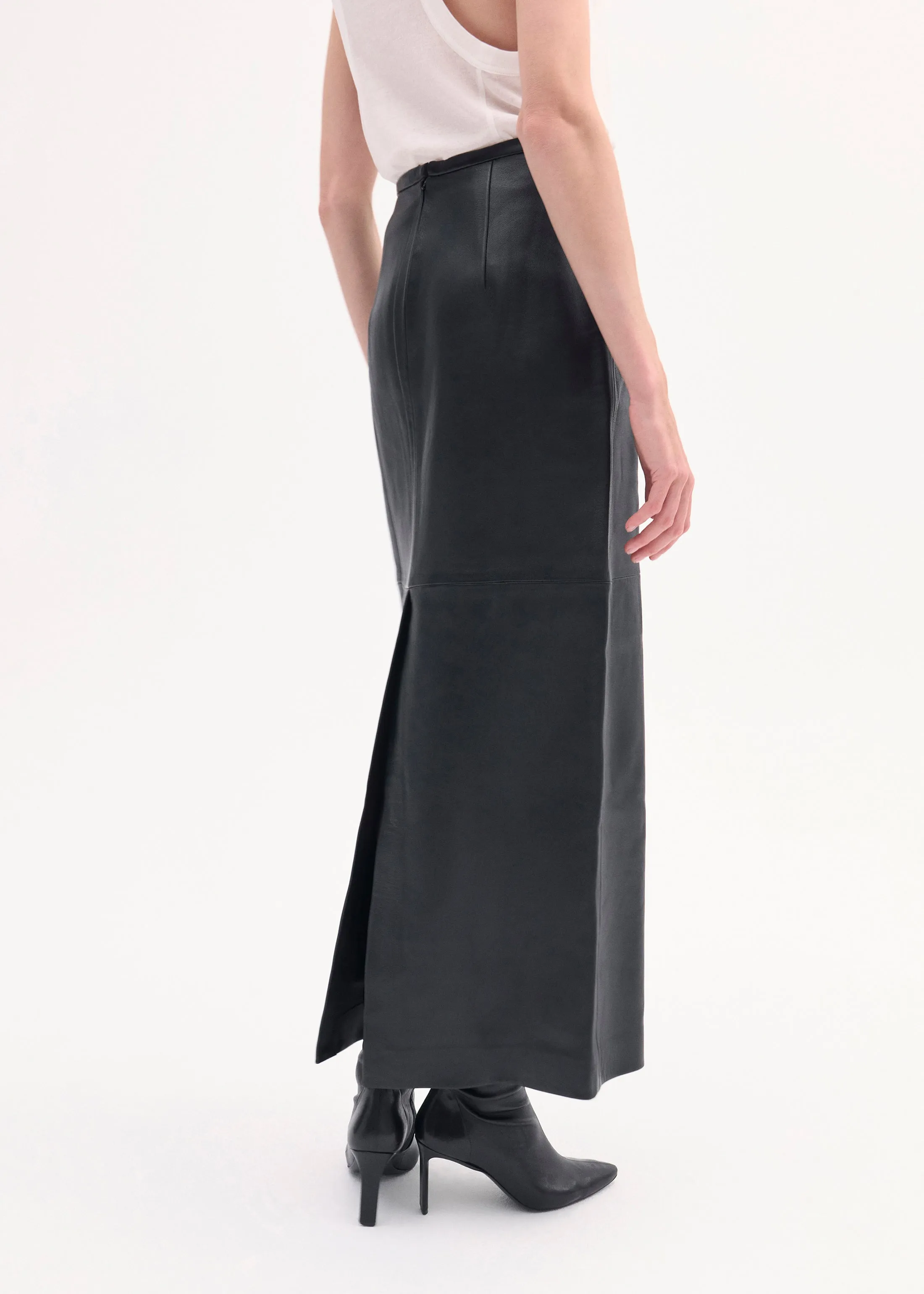 Full Length Skirt in Leather  - Black