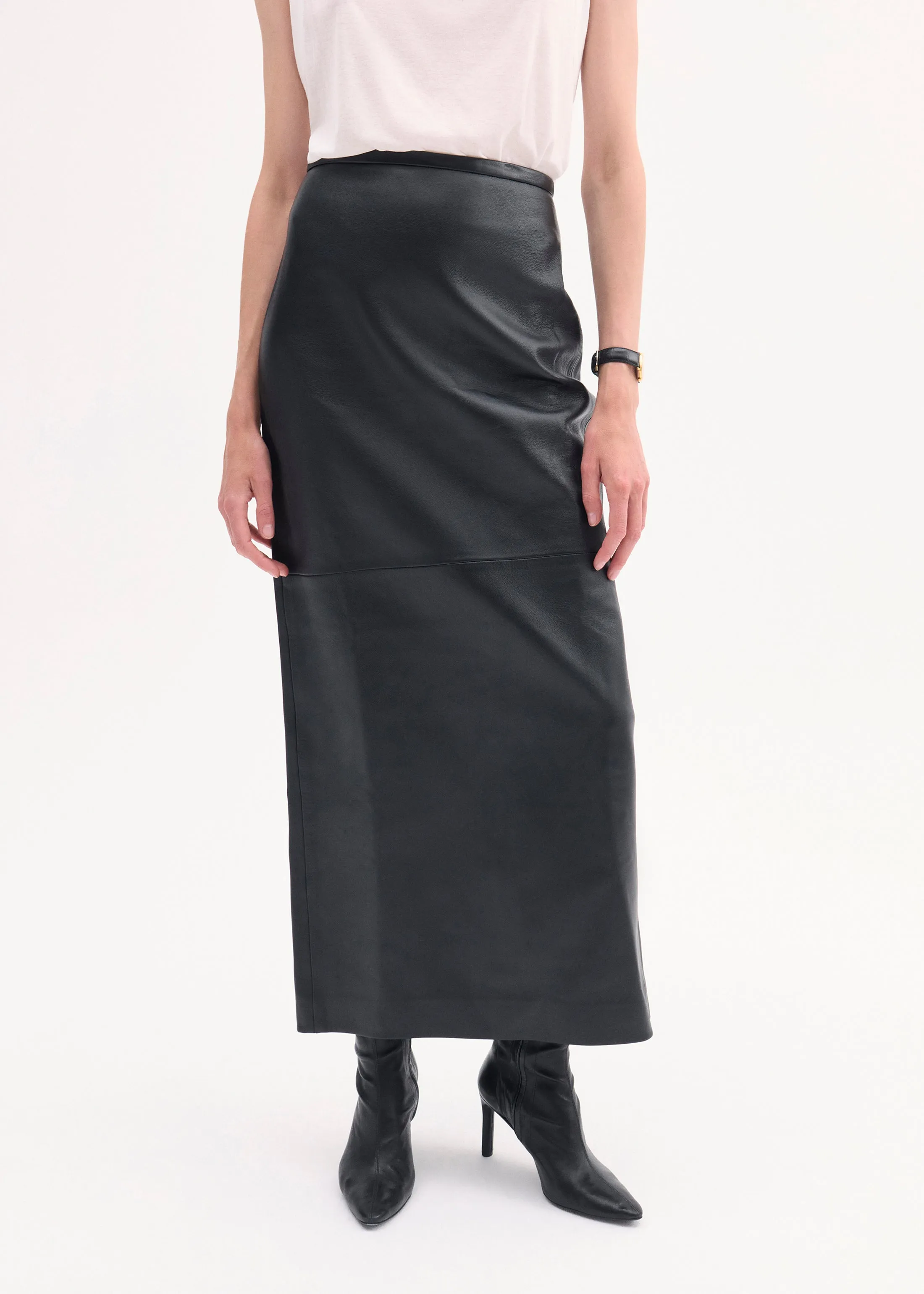Full Length Skirt in Leather  - Black