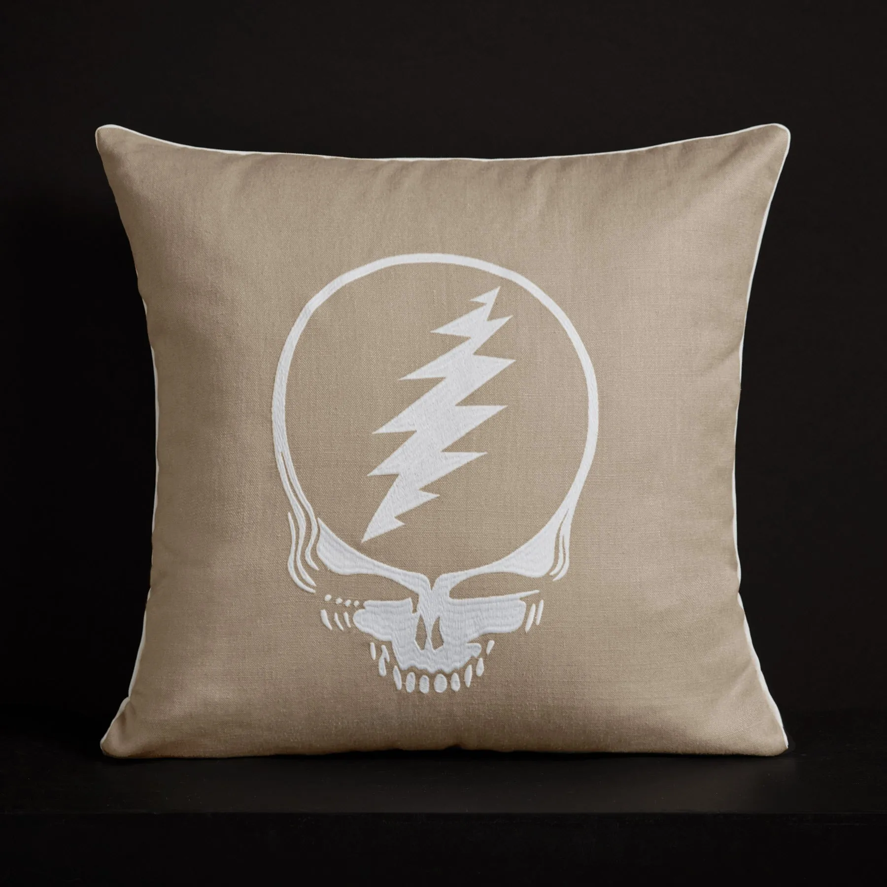 Grateful Dead Throw Pillow with Piping - Flax/White