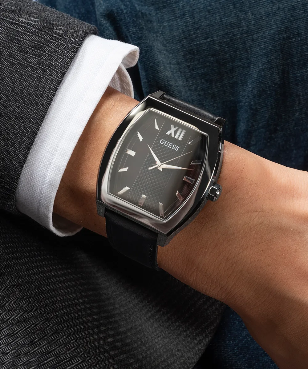 GUESS Mens Black Silver Tone Analog Watch