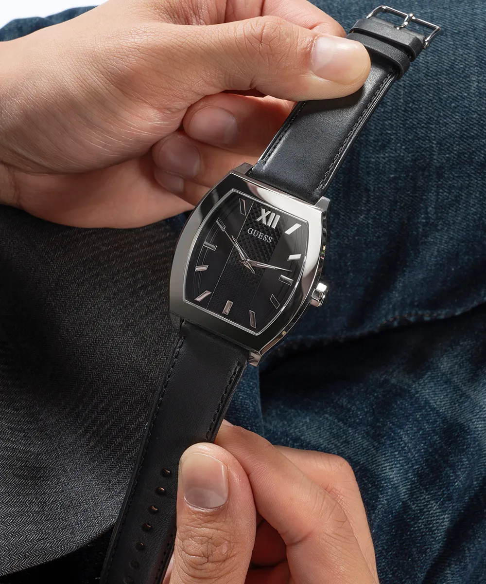GUESS Mens Black Silver Tone Analog Watch