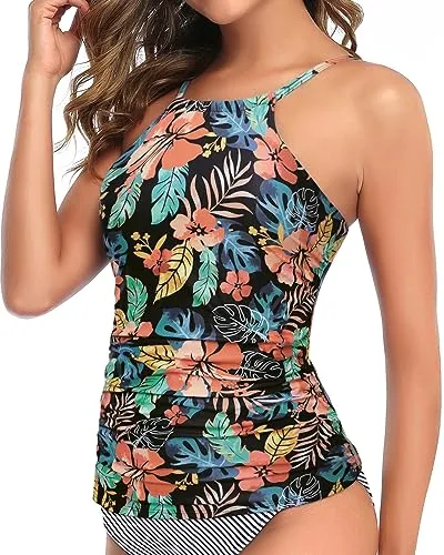 High Neck Ruched Tummy Control Tankini Top