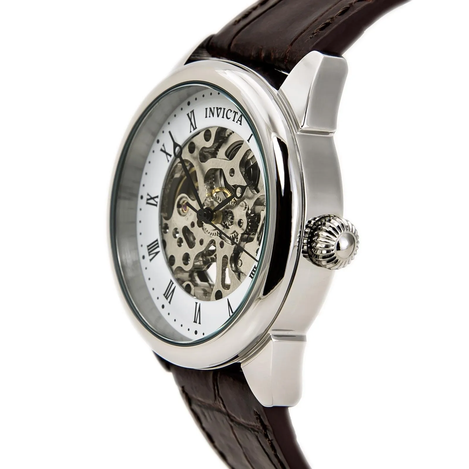 Invicta 17185 Men's Specialty White & Silver Skeleton Dial Brown Leather Strap Mechanical Watch