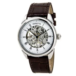 Invicta 17185 Men's Specialty White & Silver Skeleton Dial Brown Leather Strap Mechanical Watch