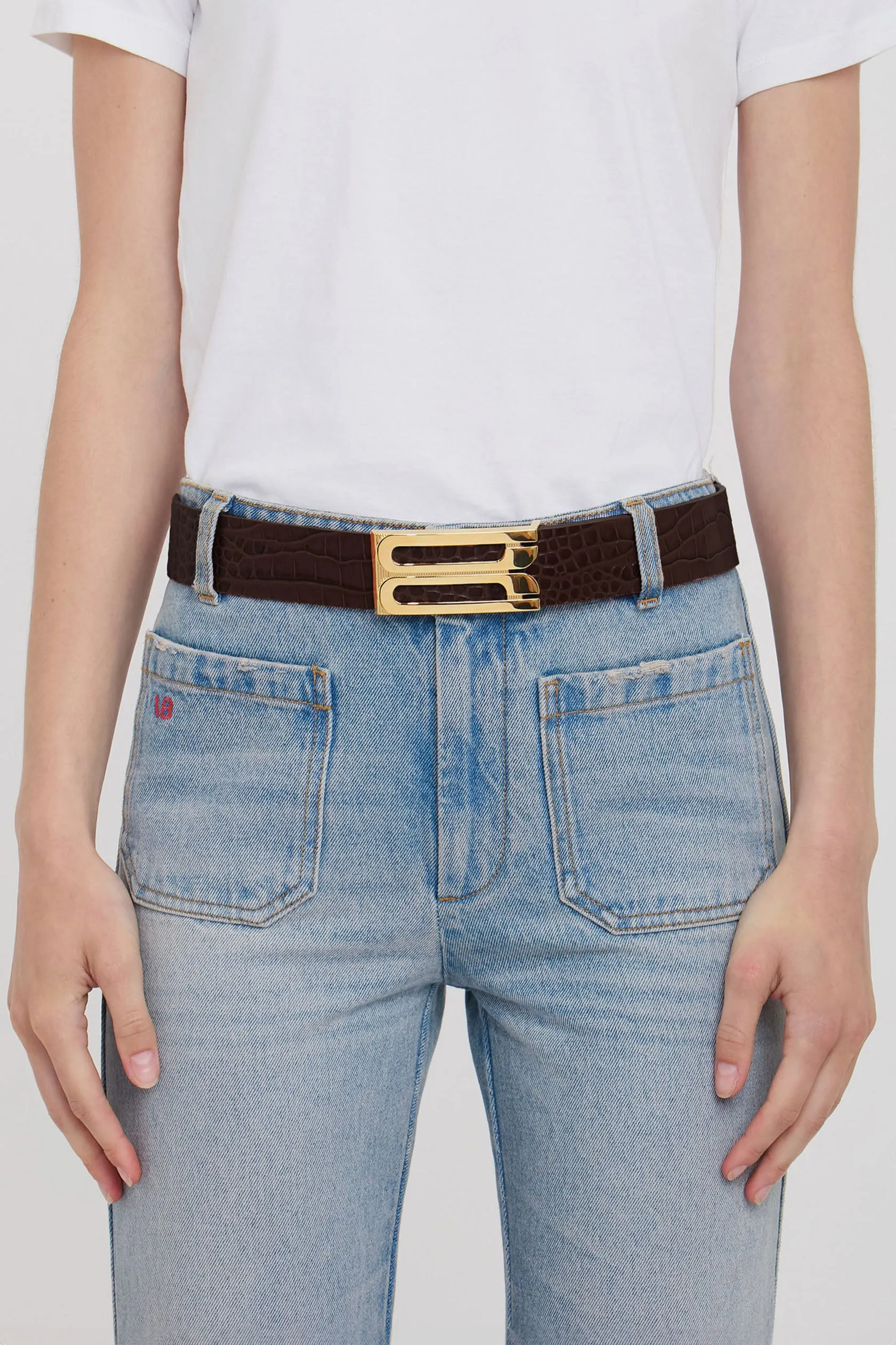 Jumbo Frame Belt In Chocolate Croc Embossed Leather