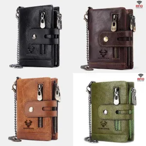 Men Genuine Leather RFID Anti-scanning Anti-Theft Zipper Wallet With Chain