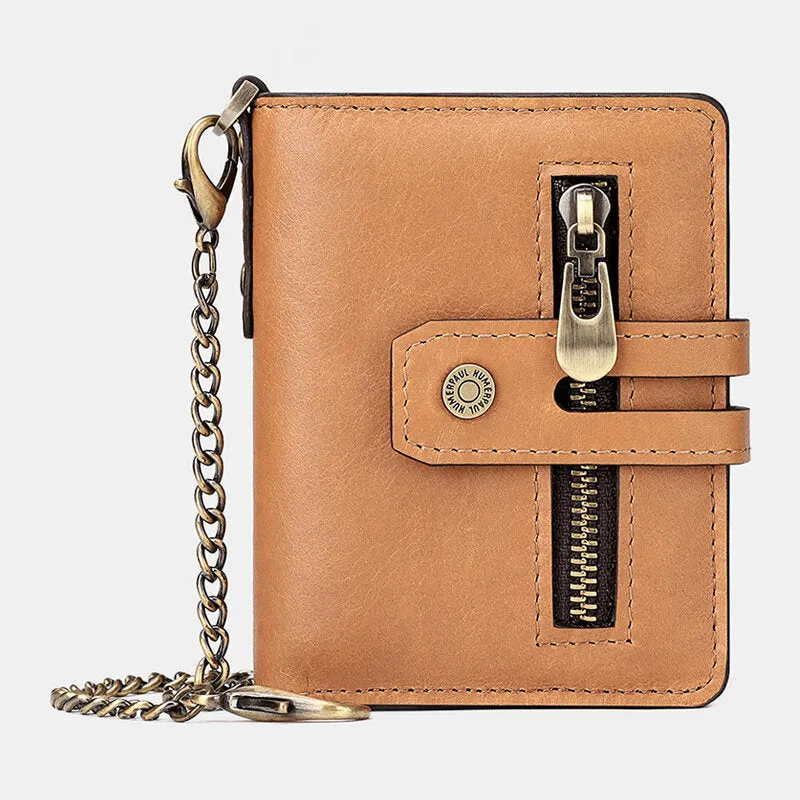 Men Genuine Leather Short Bifold RFID Blocking Antimagnetic Wallet Solid Color Wear Resistant 9 Card Slot Card Holder Hasp Coin Purse