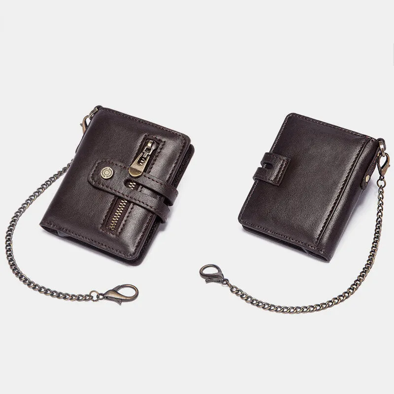 Men Genuine Leather Short Bifold RFID Blocking Antimagnetic Wallet Solid Color Wear Resistant 9 Card Slot Card Holder Hasp Coin Purse