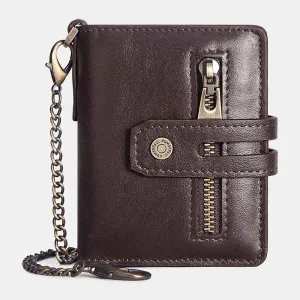 Men Genuine Leather Short Bifold RFID Blocking Antimagnetic Wallet Solid Color Wear Resistant 9 Card Slot Card Holder Hasp Coin Purse