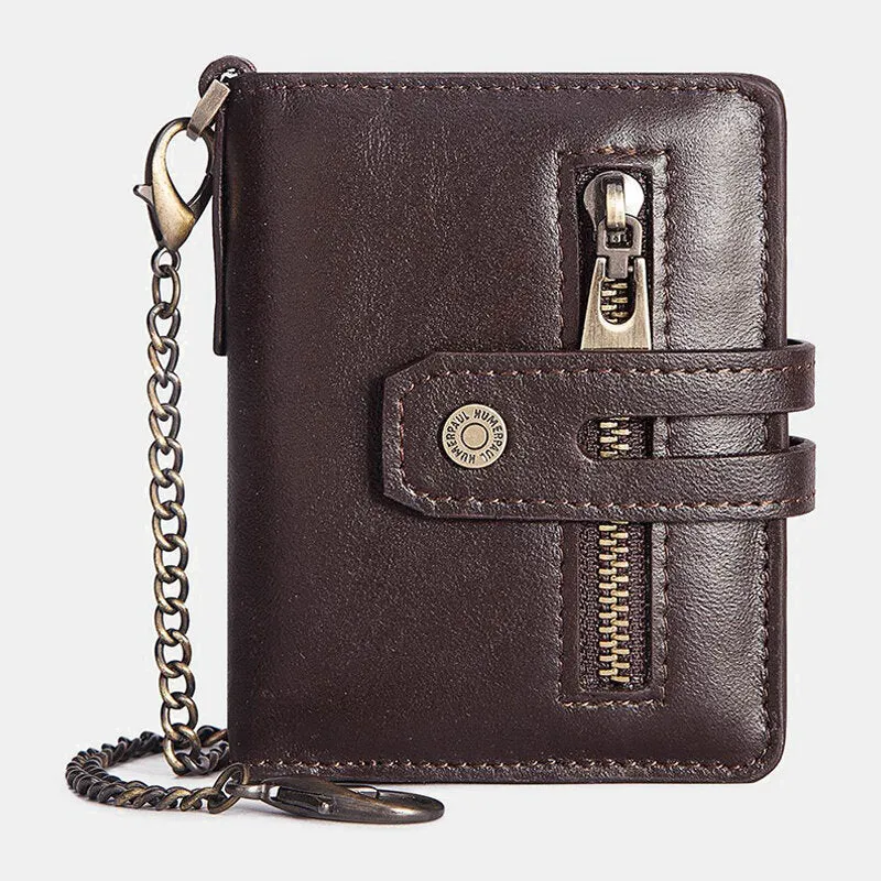 Men Genuine Leather Short Bifold RFID Blocking Antimagnetic Wallet Solid Color Wear Resistant 9 Card Slot Card Holder Hasp Coin Purse