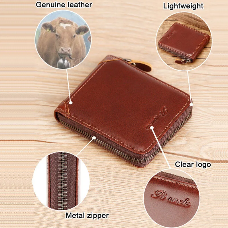 Men Mini Genuine Leather Zipper Wallet Bifold RFID Anti-theft Brush Short Money Clip Multi-card Slot Card Holder Coin Purse