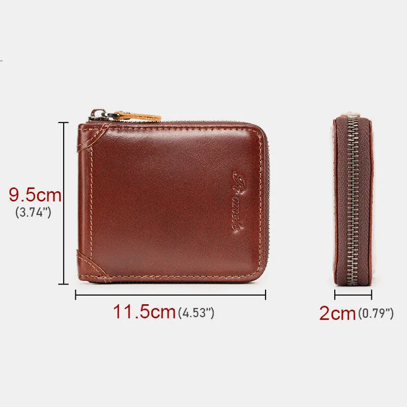 Men Mini Genuine Leather Zipper Wallet Bifold RFID Anti-theft Brush Short Money Clip Multi-card Slot Card Holder Coin Purse