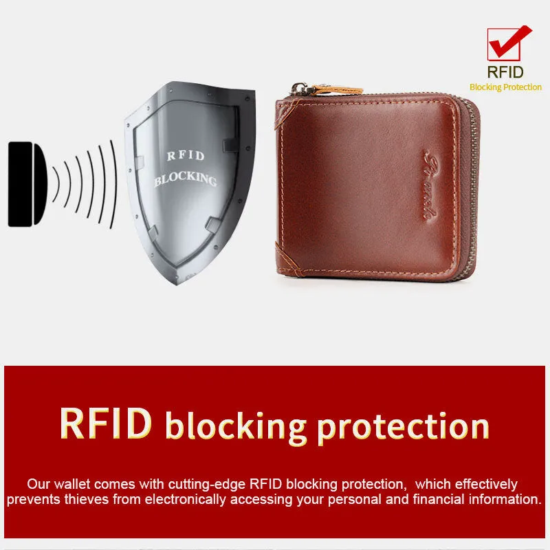 Men Mini Genuine Leather Zipper Wallet Bifold RFID Anti-theft Brush Short Money Clip Multi-card Slot Card Holder Coin Purse