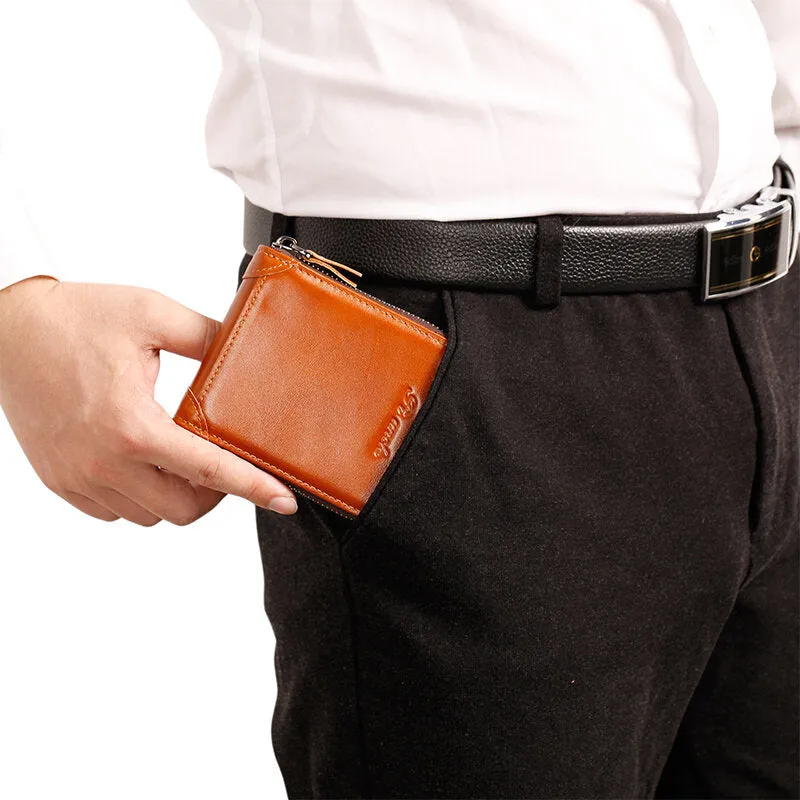 Men Mini Genuine Leather Zipper Wallet Bifold RFID Anti-theft Brush Short Money Clip Multi-card Slot Card Holder Coin Purse