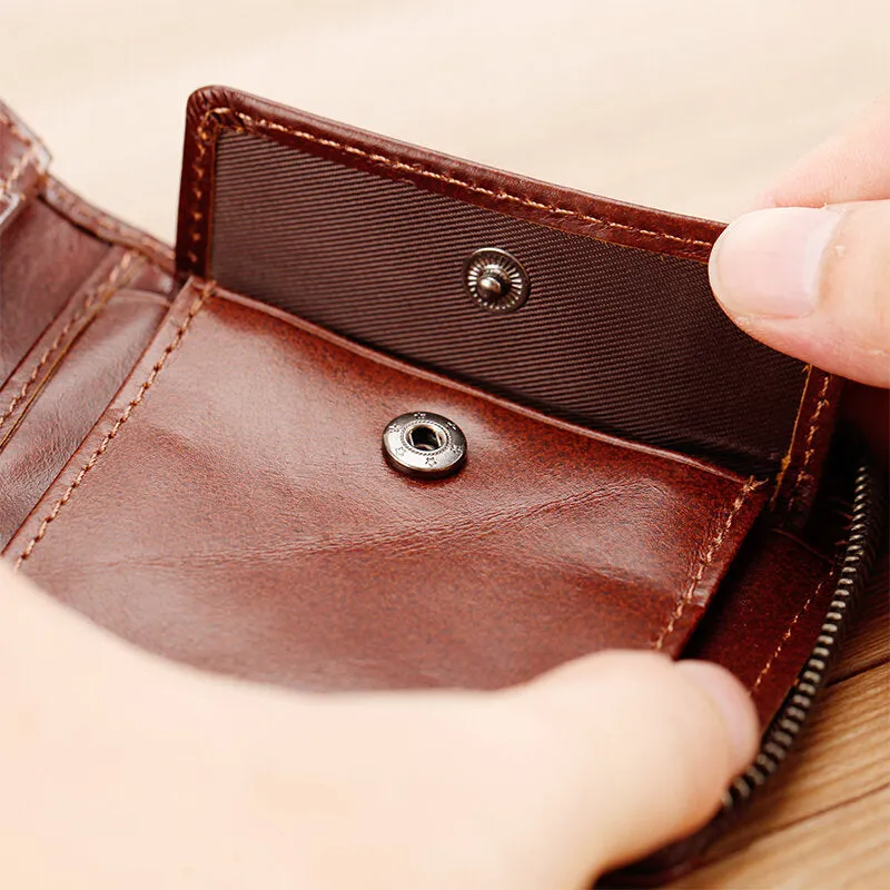 Men Mini Genuine Leather Zipper Wallet Bifold RFID Anti-theft Brush Short Money Clip Multi-card Slot Card Holder Coin Purse