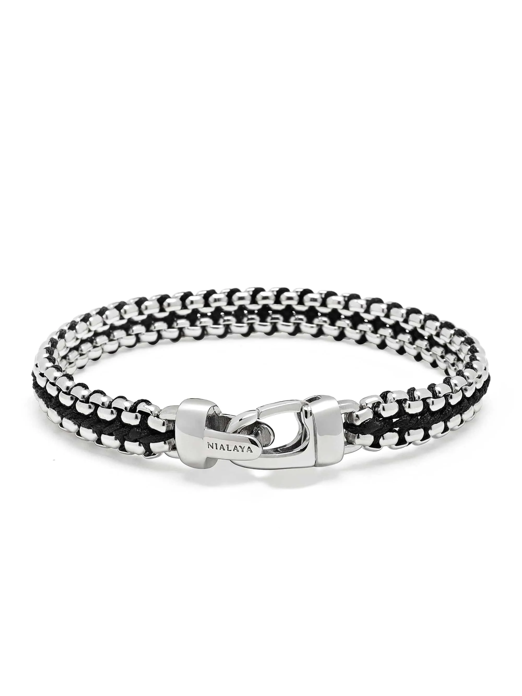Men's Black Woven 8mm Box Chain Bracelet in Silver