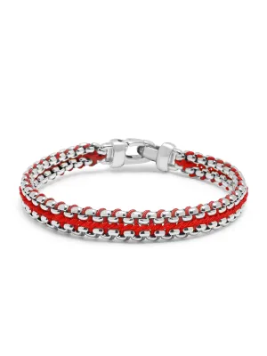 Men's Red Woven 8mm Box Chain Bracelet in Silver