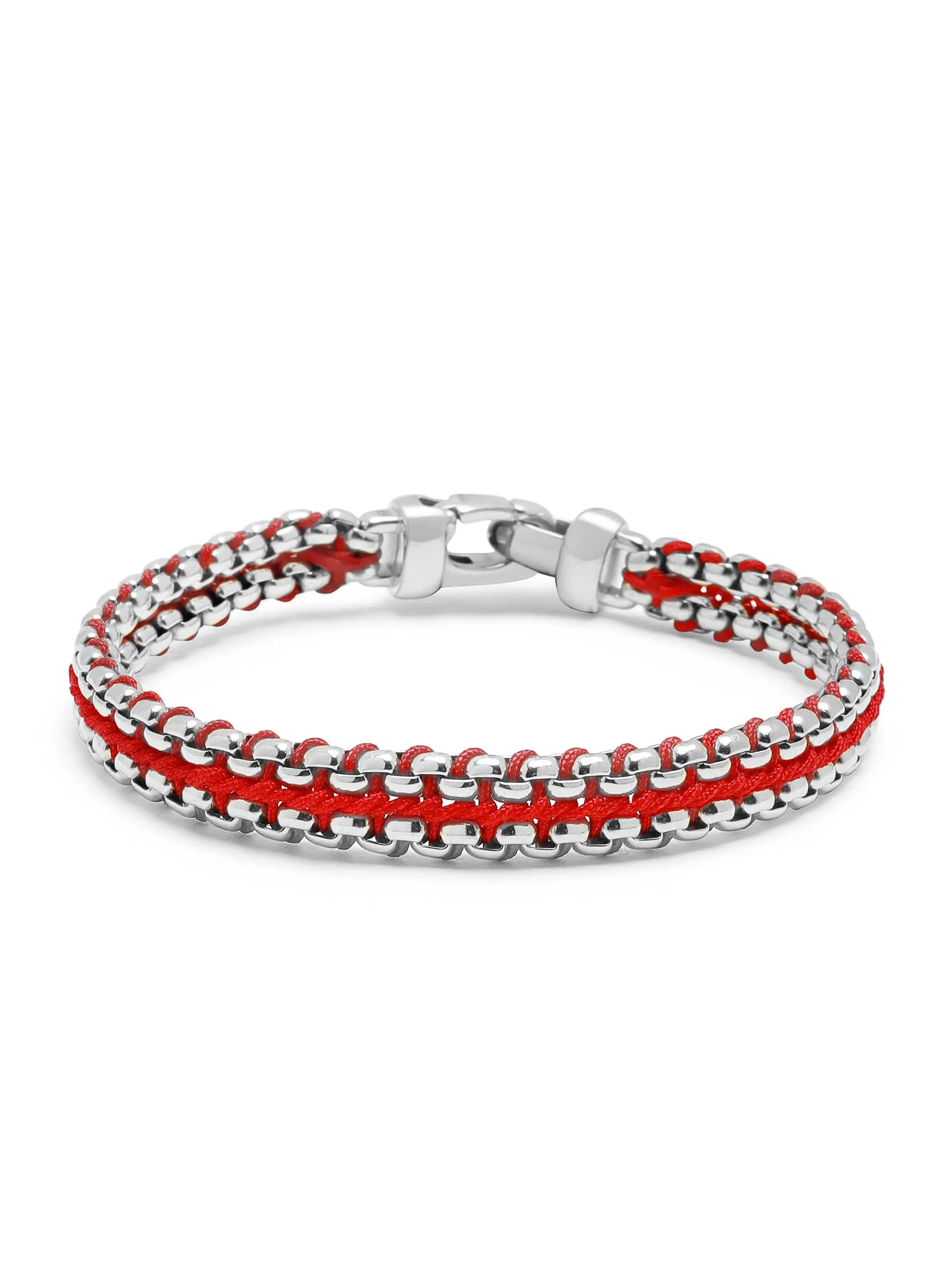 Men's Red Woven 8mm Box Chain Bracelet in Silver