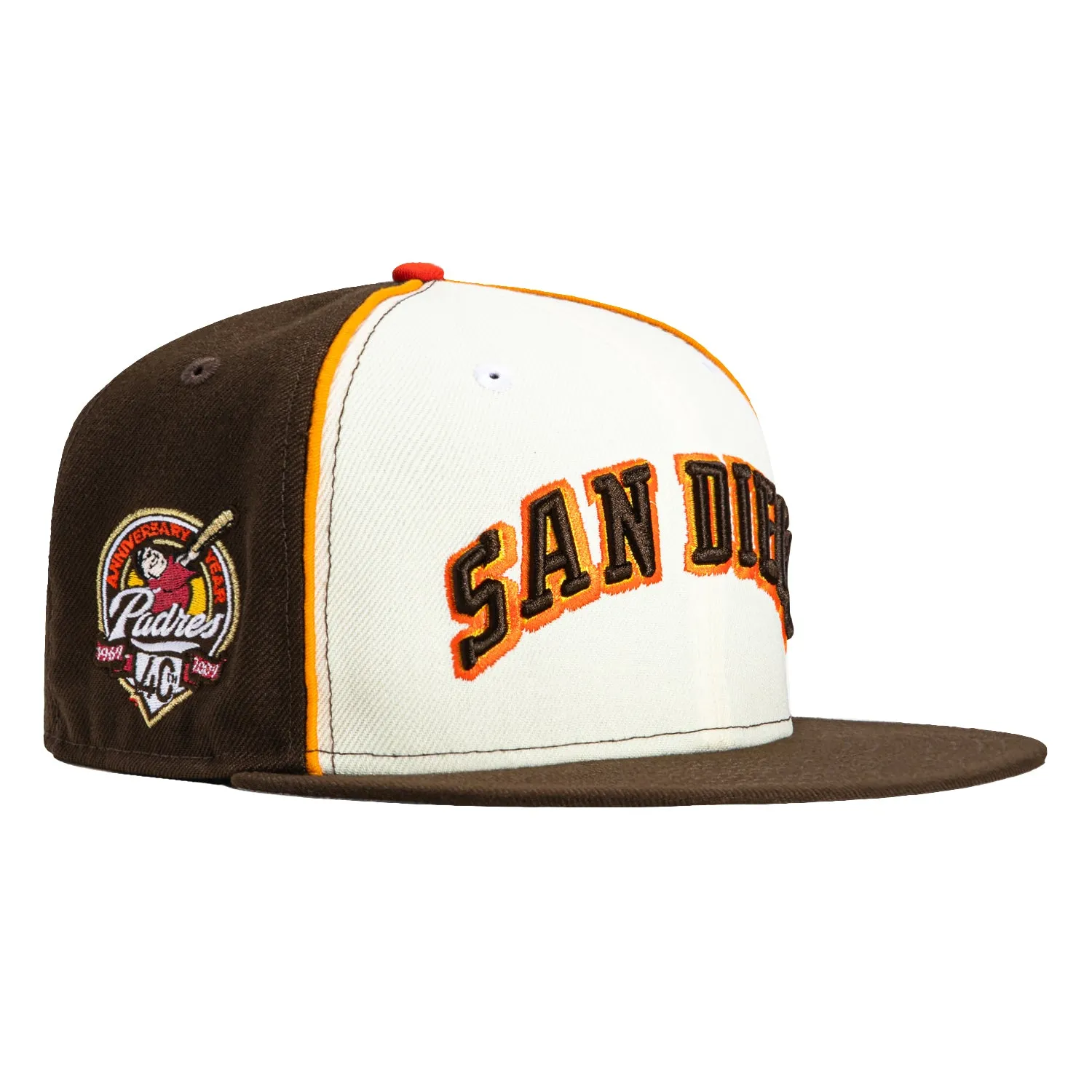 New Era 59Fifty San Diego Padres 40th Anniversary Patch Arch Rail Hat - White. Brown