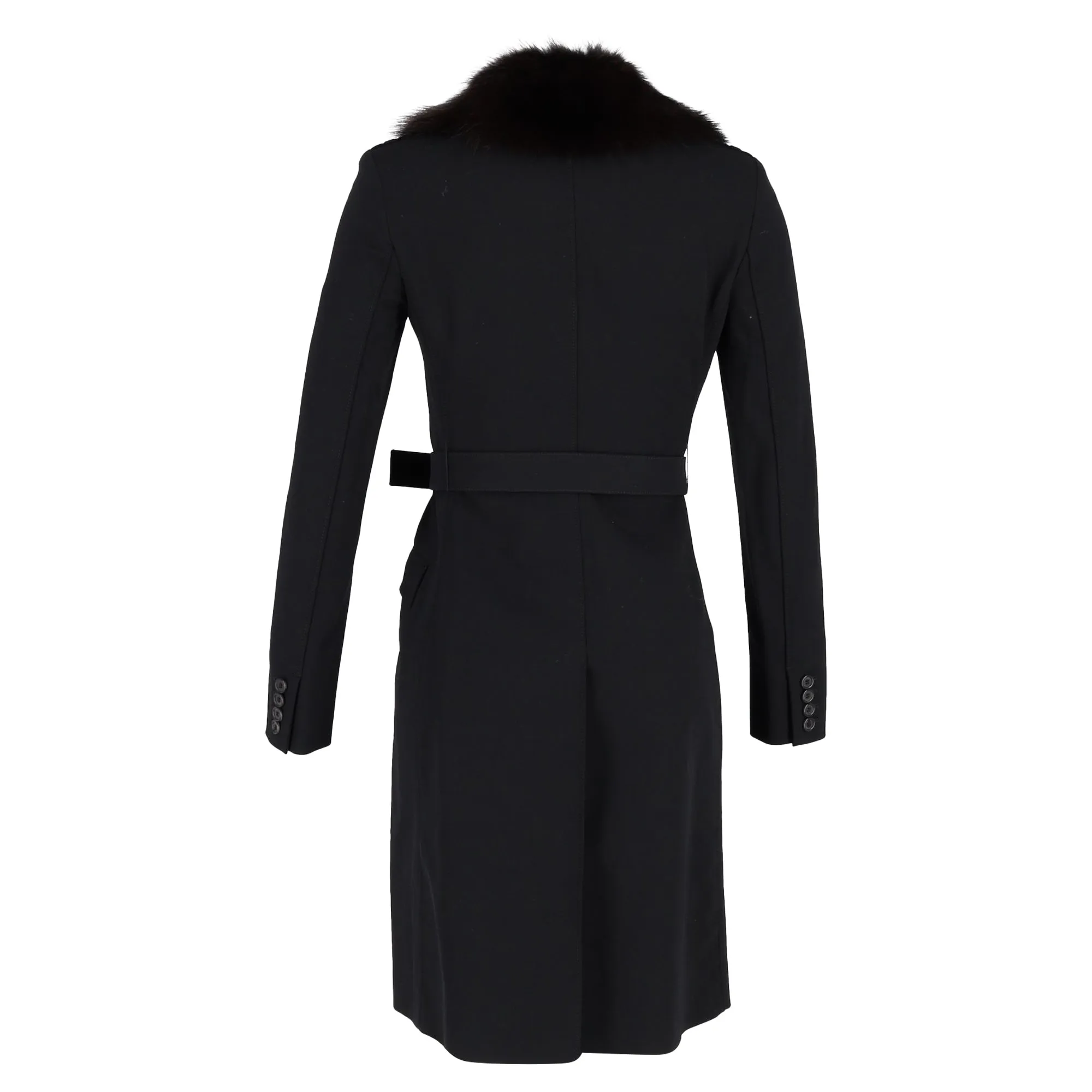 Prada Fur Trim Single-Breasted Coat in Black Wool