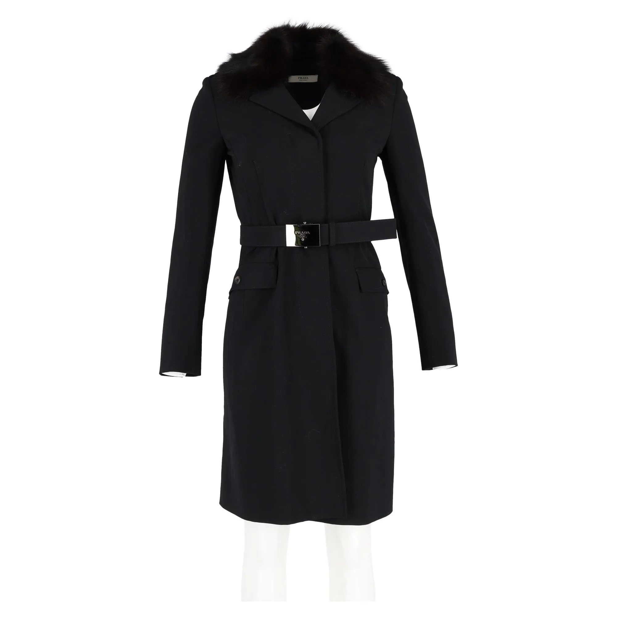 Prada Fur Trim Single-Breasted Coat in Black Wool