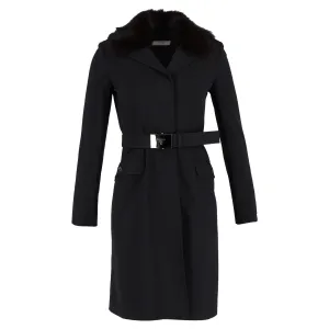 Prada Fur Trim Single-Breasted Coat in Black Wool